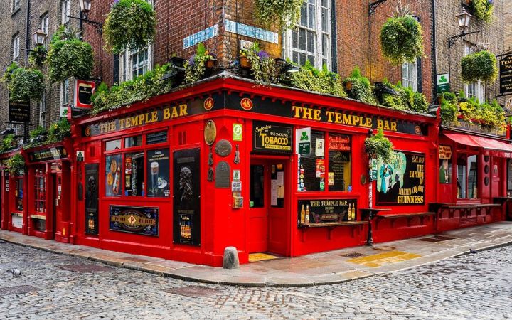 Il Temple Bar è un pub tradizionale che si trova in un vivace quartiere centrale di Dublino, pieno di strade pedonali lastricate e locali.